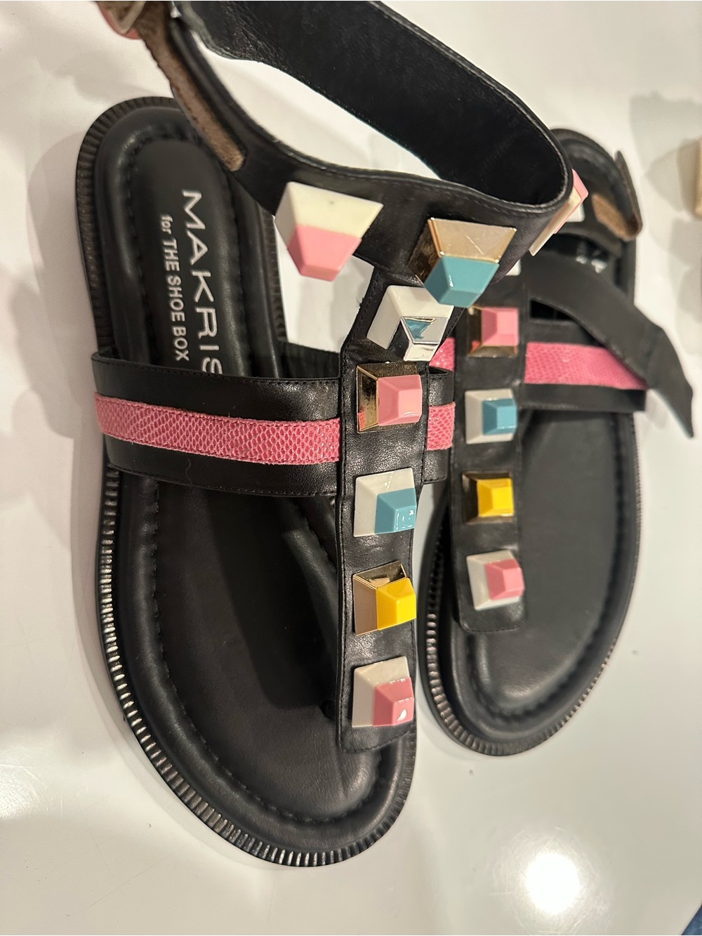Makeris Black Leather Sandals with Pink Accent and Multicolor Studs Size 40
